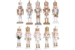 BXO 10PCS Christmas Nutcrackers Set,10cm Wooden Traditional Nutcracker Soldiers for Christmas Tree Hanging Decorations Gold and Silver Nutcracker Holiday Party Thanksgiving Decor