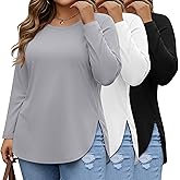Ficerd 3 Pack Women's Plus Size Long Sleeve Tunic Tops Crewneck Loose Shirts Casual Curved Hem Side Split Basic Tee
