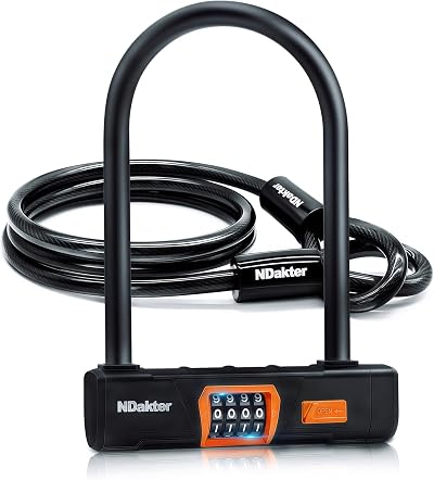 NDakter Keyless 4-Digit Bike Lock with 5FT Steel Cable Heavy Duty D Lock
