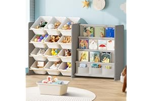 EXPERLAM Kids Toy Storage Organizer - Toy Storage with Kids Bookshelf, Toy Organizer with 12 White Bins and 4 Book Shelves, Toy Organizers and Storage for Playroom, Nursery, Kids Room, Grey