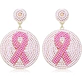 Breast Cancer Awareness Earrings Beaded Pink Ribbon Earrings Round Breast Cancer Drop Dangle Earrings for Cancer Survivor Gift