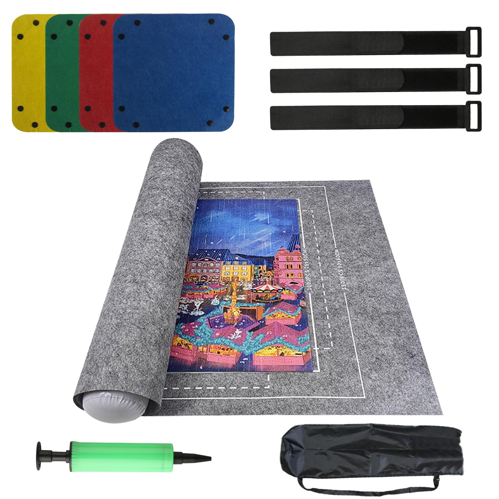 1 SetJigsaw Mat Roll, Portable Jigsaw Board Foldable Puzzle Mats,Jigsaw Roll up Mats for 1000/1500 /2000 Pieces Puzzles, Puzzle Storage Rug Mat Felt Pad,with 4 Sorting Trays, 3 Straps, etc(116x66cm)