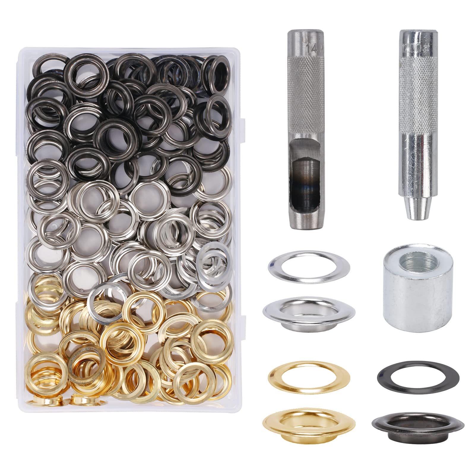 HO2NLE 14mm Eyelet Punch Kit 120 Sets Gold/Silver/Black Grommet Tool Kit, Metal Grommets Eyelets Set 14mm Grommet Eyelet Kits for Fabric Canvas Tarpaulins Awnings Curtains Leather Clothing Bag Craft