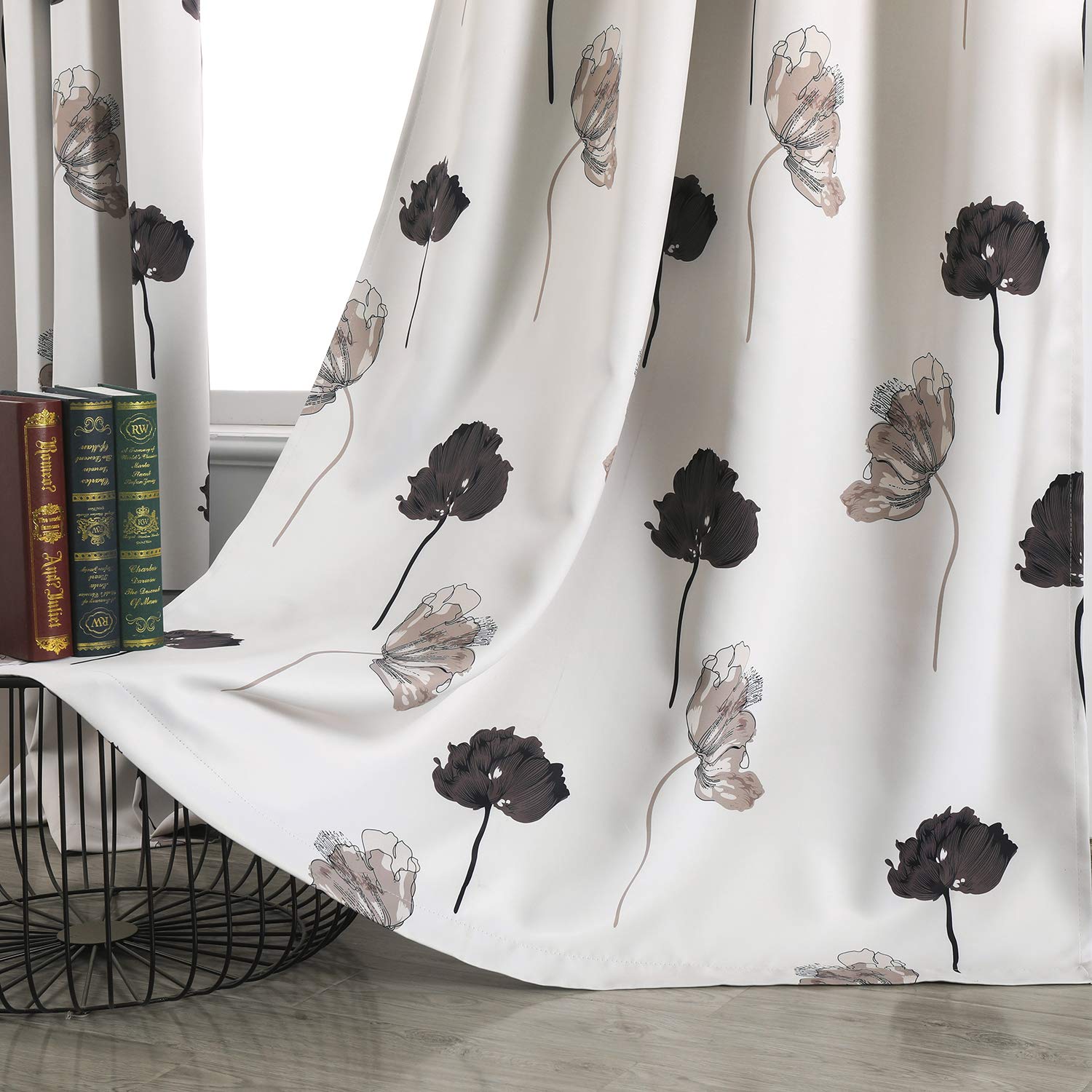 Taisier Home Floral Print Thermal Insulated Bedroom Heat Absorbing Room Darkening Energy Efficient Savings Living Room Window Curtain Grommet Panels, Set of 2, 52 W x 84 L, Black/Grey/Brown