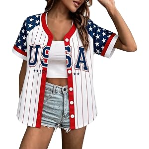 Women's American Flag Button Down Jersey Shirt Patriotic USA Short Sleeve Shirts 4th of July Baseball Tee Top