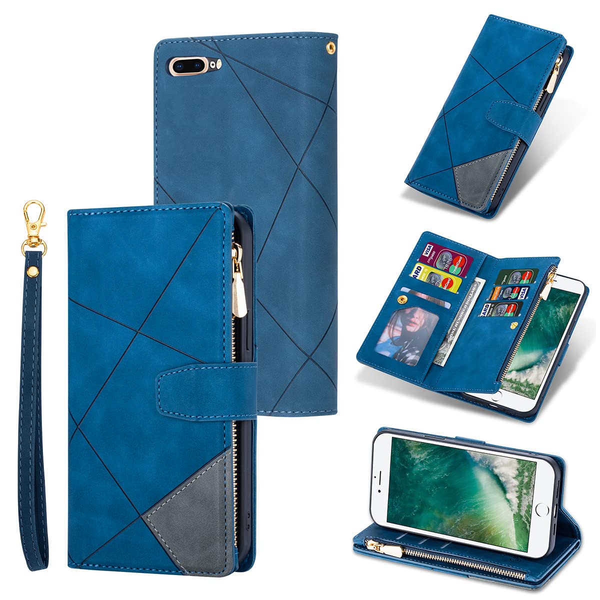 UEEBAI Wallet Case for iPhone 7 Plus iPhone 8 Plus, Vintage Premium PU Leather Cover Flip Case with Card Slots Magnetic Closure Zipper Pocket Kickstand Handbag with Hand Strap - Splice Blue