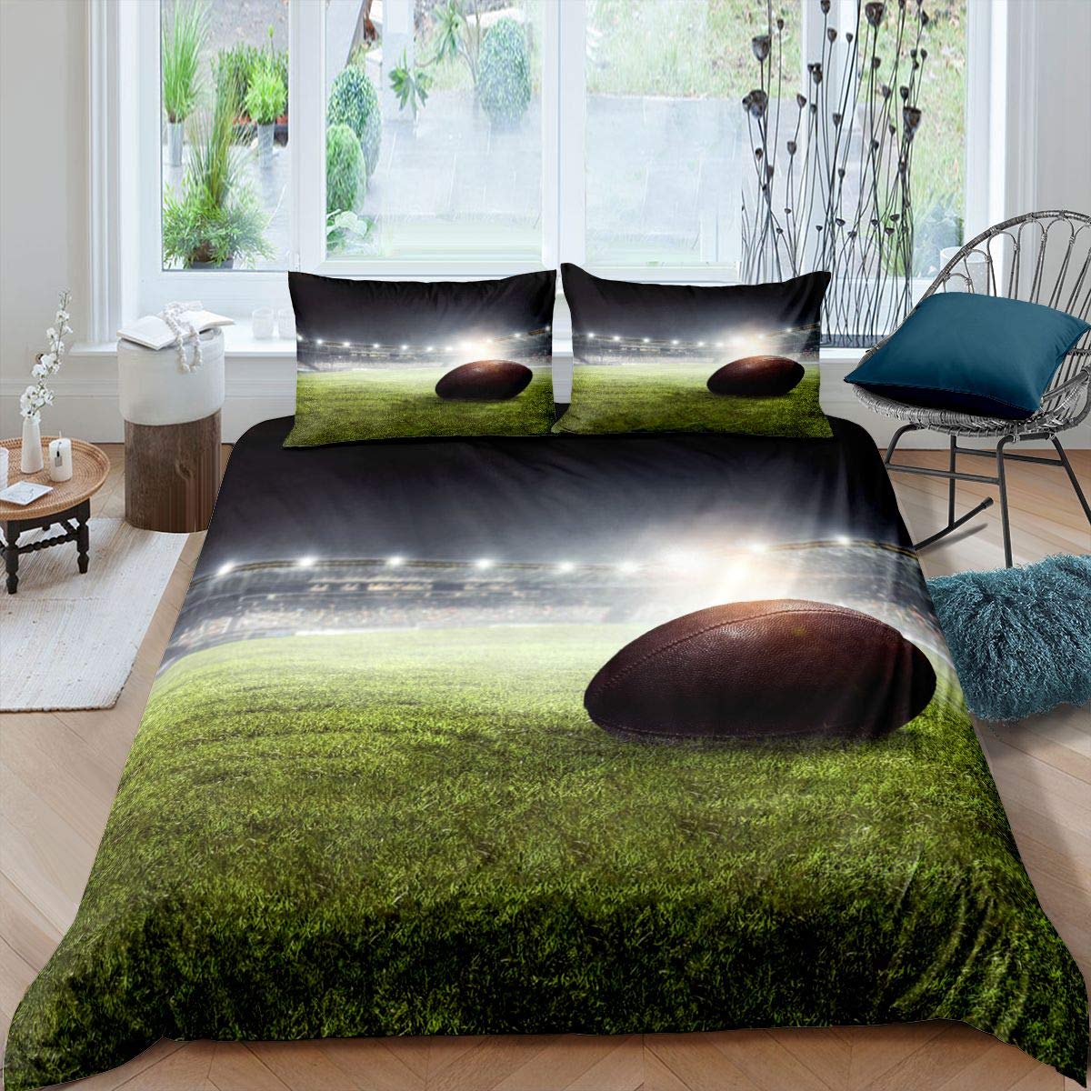 3D Football Comforter Cover Set Rugby Print Duvet Cover Set for Kids Boys Teens Rugby Game Field Bedding Set Soft Luxury Durable Lightweight Quilt Cover Room Decor 3Pcs King Size,Zipper — image 1