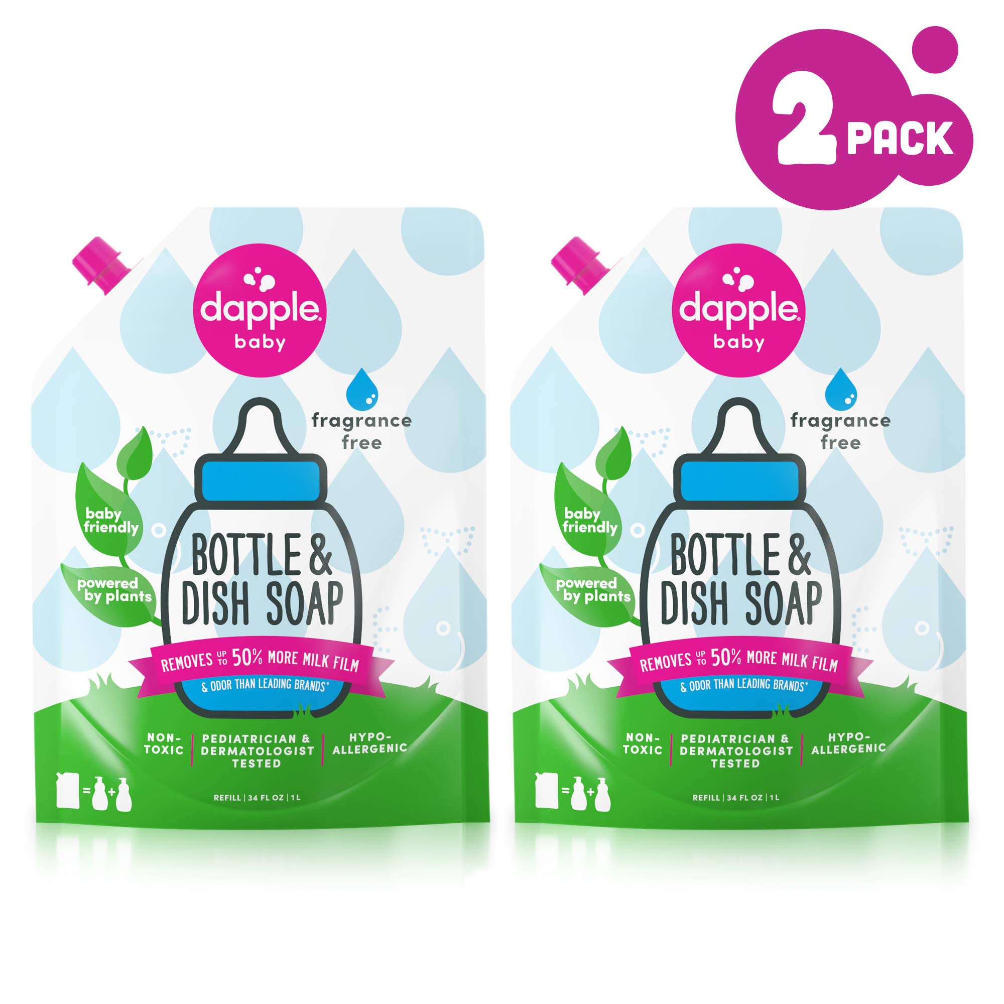 DAPPLE Baby Bottle and Dish Liquid Refill, Fragrance Free Dish Soap, Sulfate-Free, Hypoallergenic, 34 Fluid Ounces (Pack of 2)