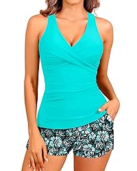 Women Aqua and Flower Tankini Swimsuits with Shorts