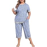 Lastshe Women Plus Size Pajama Set 2 Piece Short Sleeve Capri Pants Knit Sleepwear Lounge Set Ladies Pjs Soft with Pockets