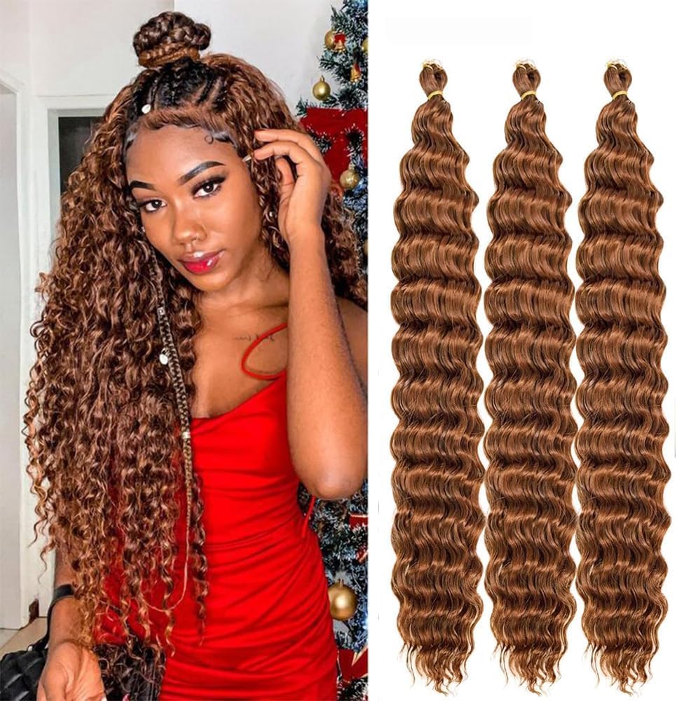Datanala Ocean Wave Crochet Hair 30 inch Color 30# Deep Wave Curly Crochet Hair 3packs Long Inch Deep Curly Braiding Hair Extensions Long Braids Deep wave Synthetic hair for Black Women โ image 1