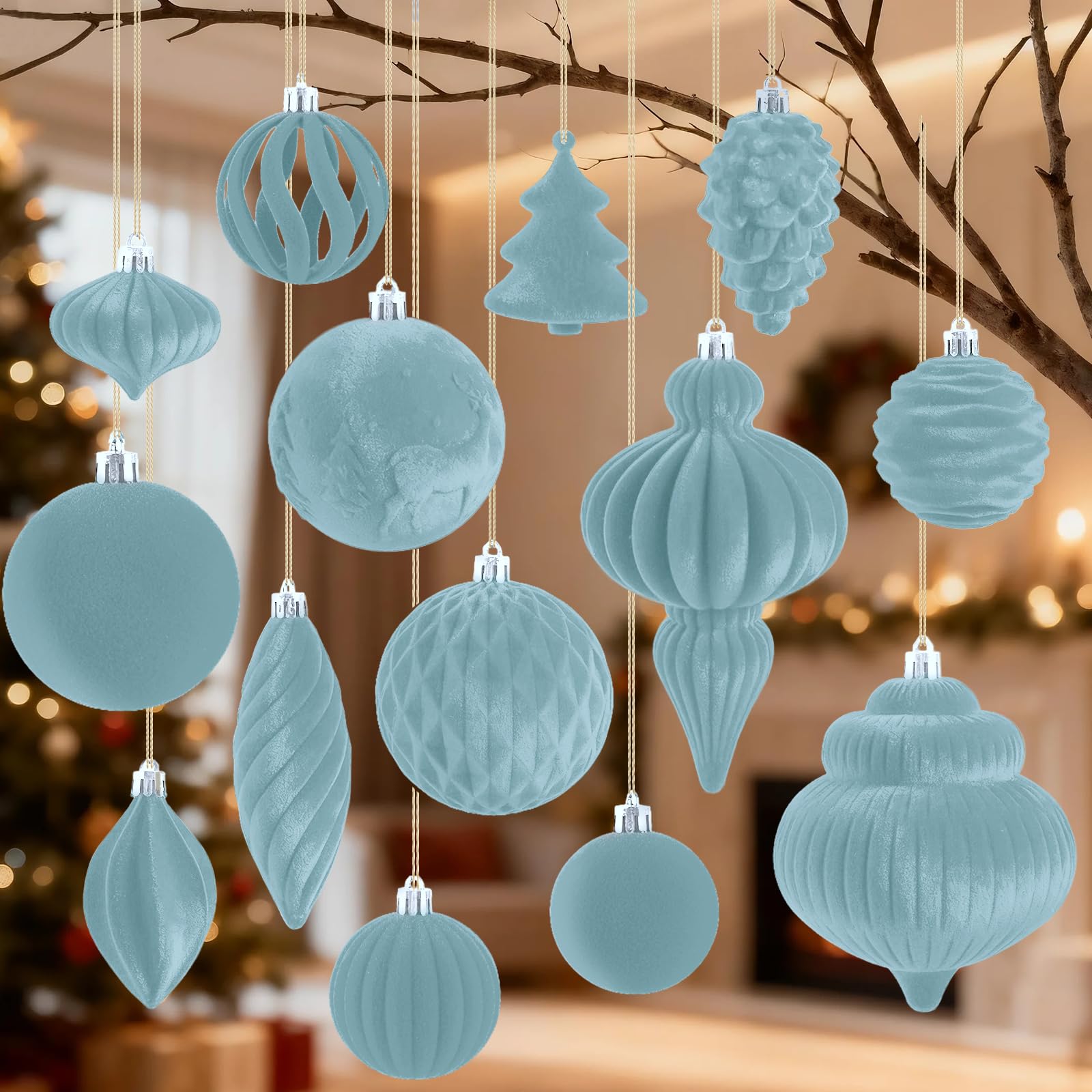 Photo 1 of 18Pcs Velvet Christmas Tree Ornaments Set, Shatterproof Flocked Christmas Decorations Bulk for Tree, Classic Decorative Hanging Ball Ornaments for Xmas Holiday Home Party Decor, Slate Blue