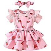 JOIMOCY Baby Girl Summer Clothes Newborn Outfit Ruffle Romper Adjustable Suspender Overall Dress Bow Headband 0-24 Months