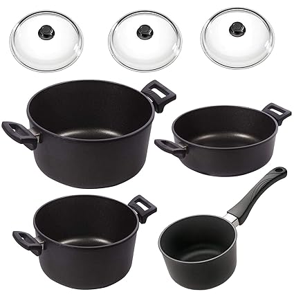 Eurolux Topfset Aluguss beschichtet 7-teilig Kochtöpfe Bratentopf Stieltopf PFOA frei inkl. Glasdeckel
