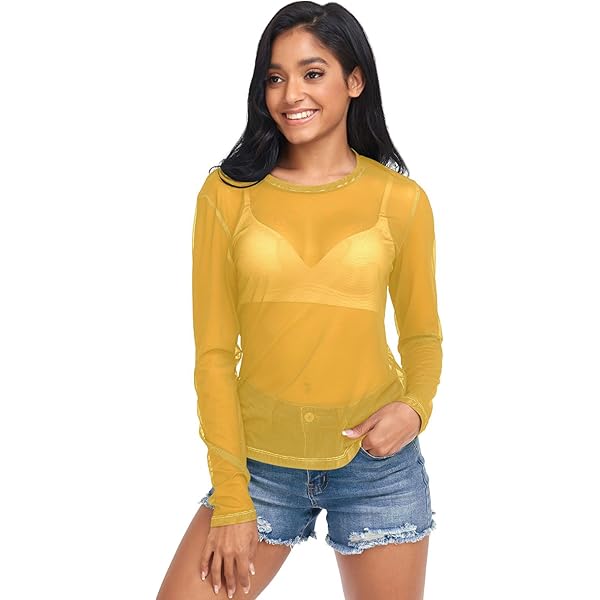 UMIRIKO Yellow Sexy Long Sleeve Sheer Tops for Women S Yellow at