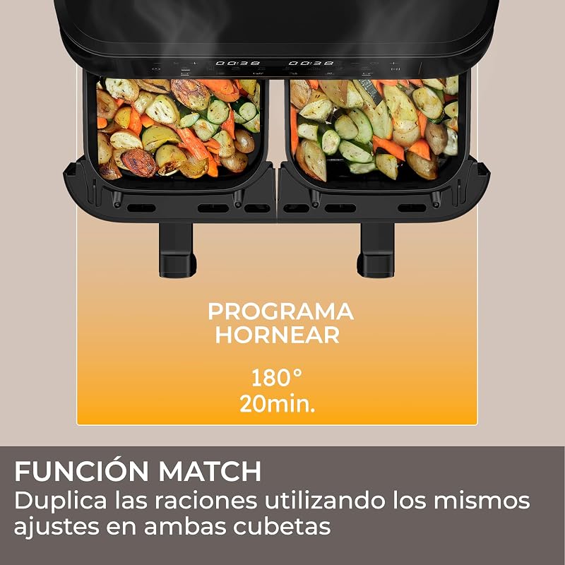 Fritadeira de ar de gaveta dupla 11L, 8 em 1: Fritar a ar, grelhar, assar, cozer, desidratar, reaquecer, descongelar, cozinhar lentamente, função de sincronização, antiaderente, máquina de lavar loiça [HAF3AD]