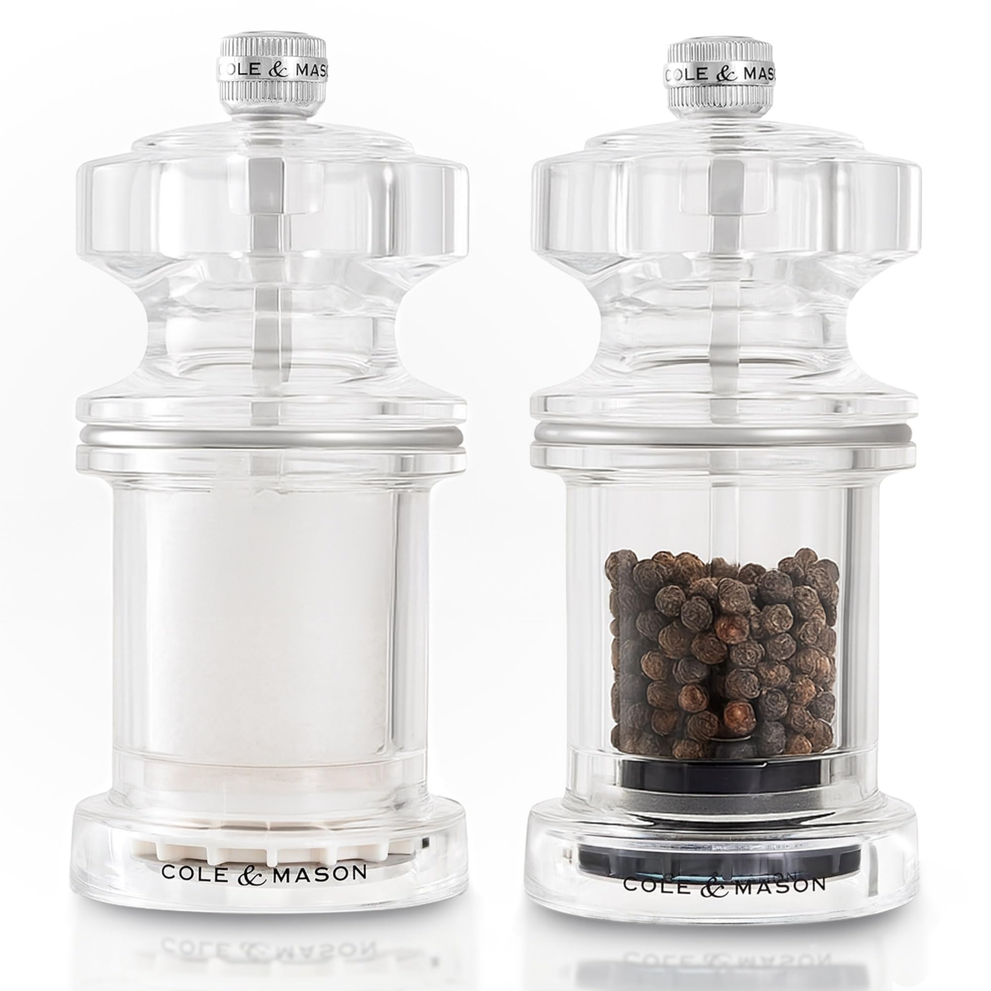 Cole & Mason 675 Salt and Pepper Mill Set, Precision+/Ceramic Mechanisms, Adjustable Salt and Pepper Grinders, Acrylic, 118mm, Cooking/Seasoning, Lifetime Mechanism Guarantee