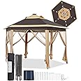 Yaheetech 13x13 Pop-up Patio Gazebo Tent W/Mesh Netting Sides & 25 Solar LED Lights, Hexagonal Double Vented 3 Height Adjustable Gazebo with Storage Bag for Backyard, Garden, Lawn, Khaki & Brown