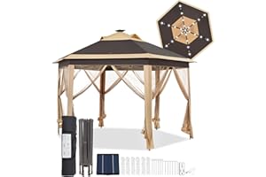 Yaheetech 13x13 Pop-up Patio Gazebo Tent W/Mesh Netting Sides & 25 Solar LED Lights, Hexagonal Double Vented 3 Height Adjustable Gazebo with Storage Bag for Backyard, Garden, Lawn, Khaki & Brown