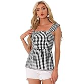 Allegra K Gingham Peplum Top for Women Halloween Summer Square Neck Sleeveless Plaid Blouse