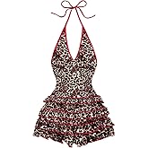 SOLY HUX Women's Leopard Halter Rompers Y2k Cheetah Print Sexy V Neck Sleeveless Layered Ruffle Short Jumpsuit Clubwear