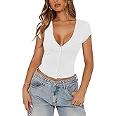 Pungdra Women's Ribbed Button Down Shirt Cap Sleeve Tops for Women Button Up Knit Slim Fit Casual Y2K Crop Going Out Top