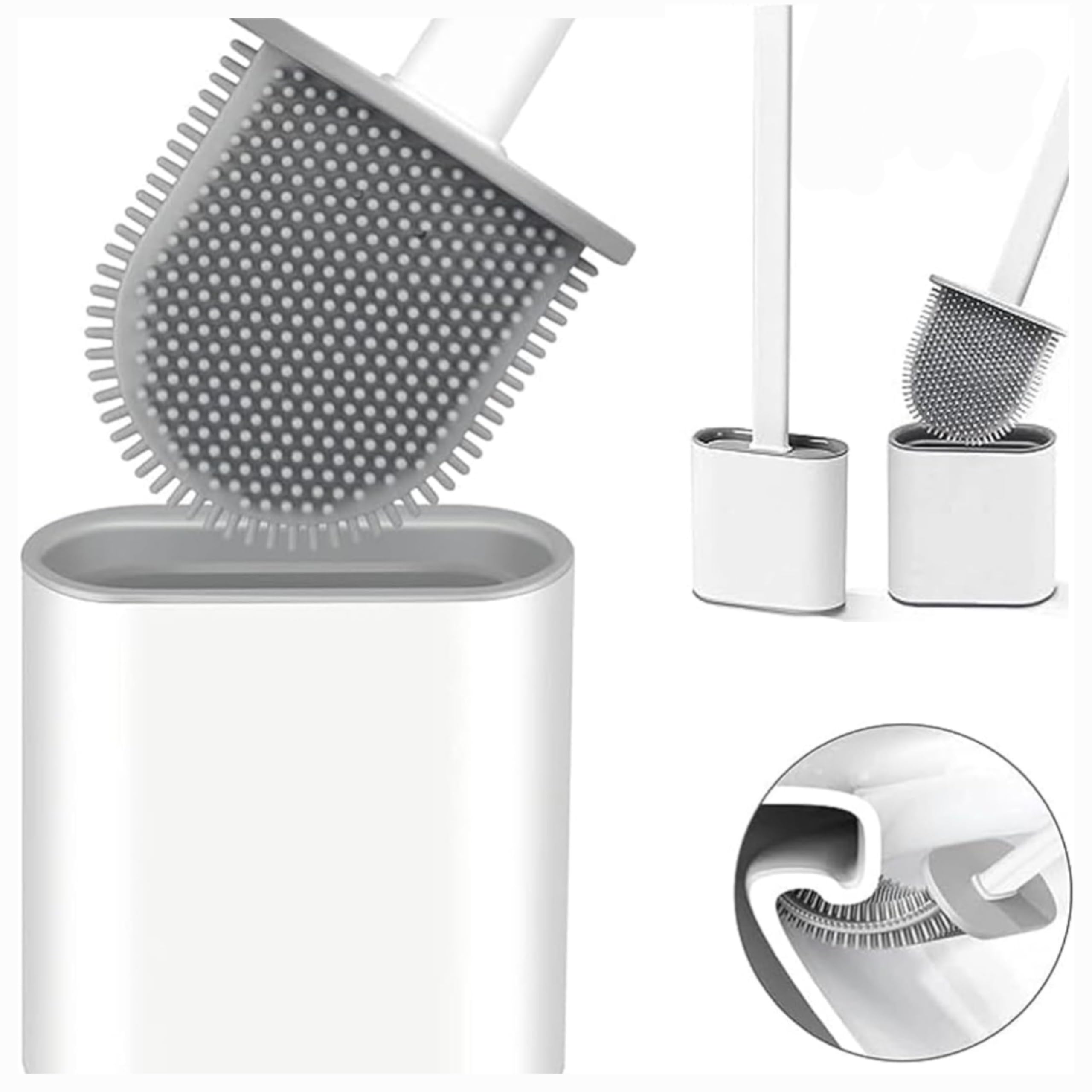 KWIK CLEAN 2 pack White Deep Clean Silicone Toilet Brush & Quick Dry Anti-drip Holder, Flexible No scratch Bathroom Brush Long Non-Slip Handle for Easy Cleaning, Durable Toilet Brush Set With Holder