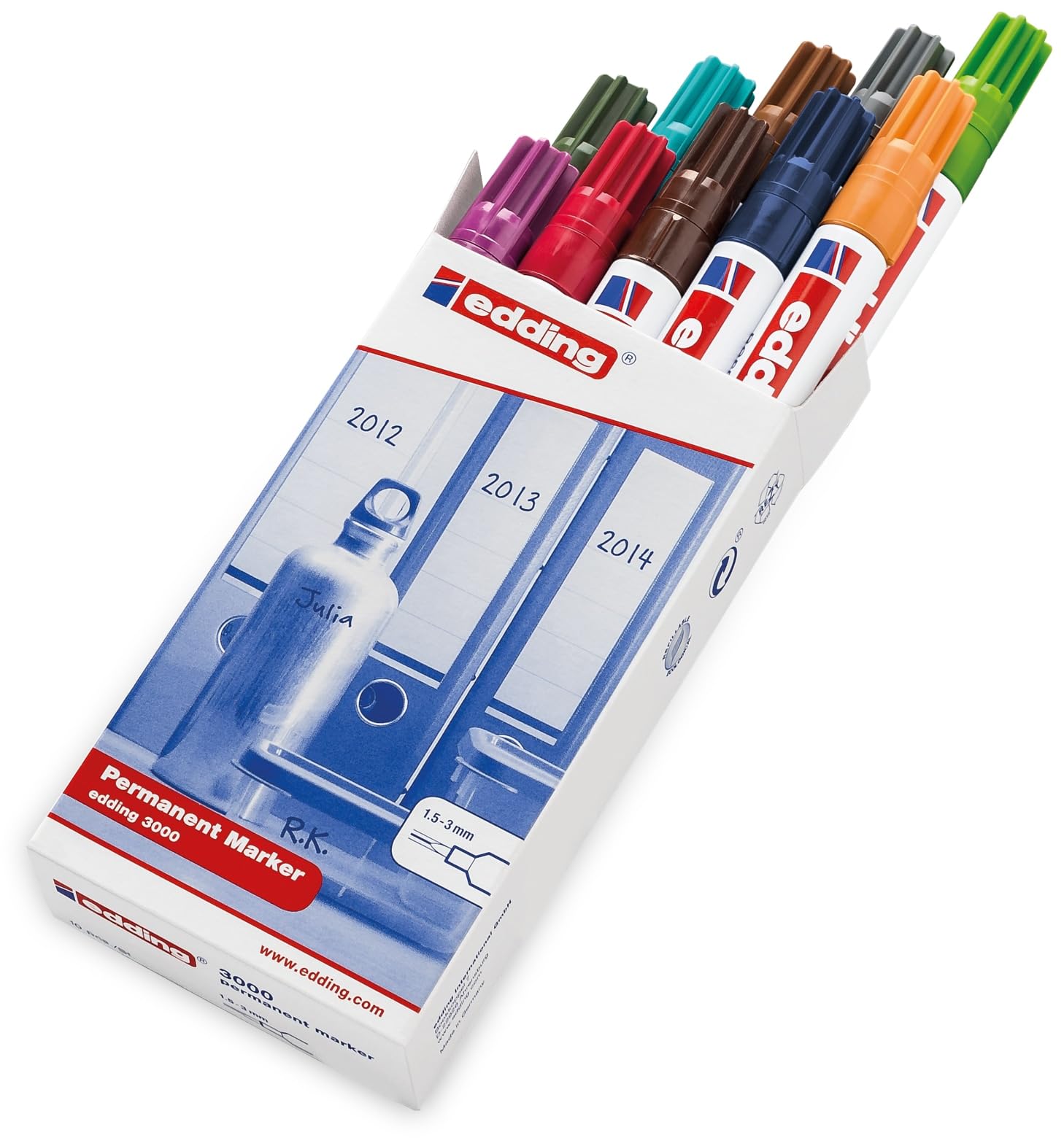 edding 3000 permanent marker - multi-coloured - set of 10 - round nib 1.5-3 mm - quick-drying permanent markers - waterproof, smudge-proof - for cardboard, plastic, wood, metal, fabric - marker pens