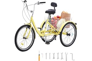 VEVOR Adult Tricycles Bike, 7 Speed Adult Trikes, 24 Inch Three-Wheeled Bicycles, Carbon Steel Cruiser Bike with Basket and A