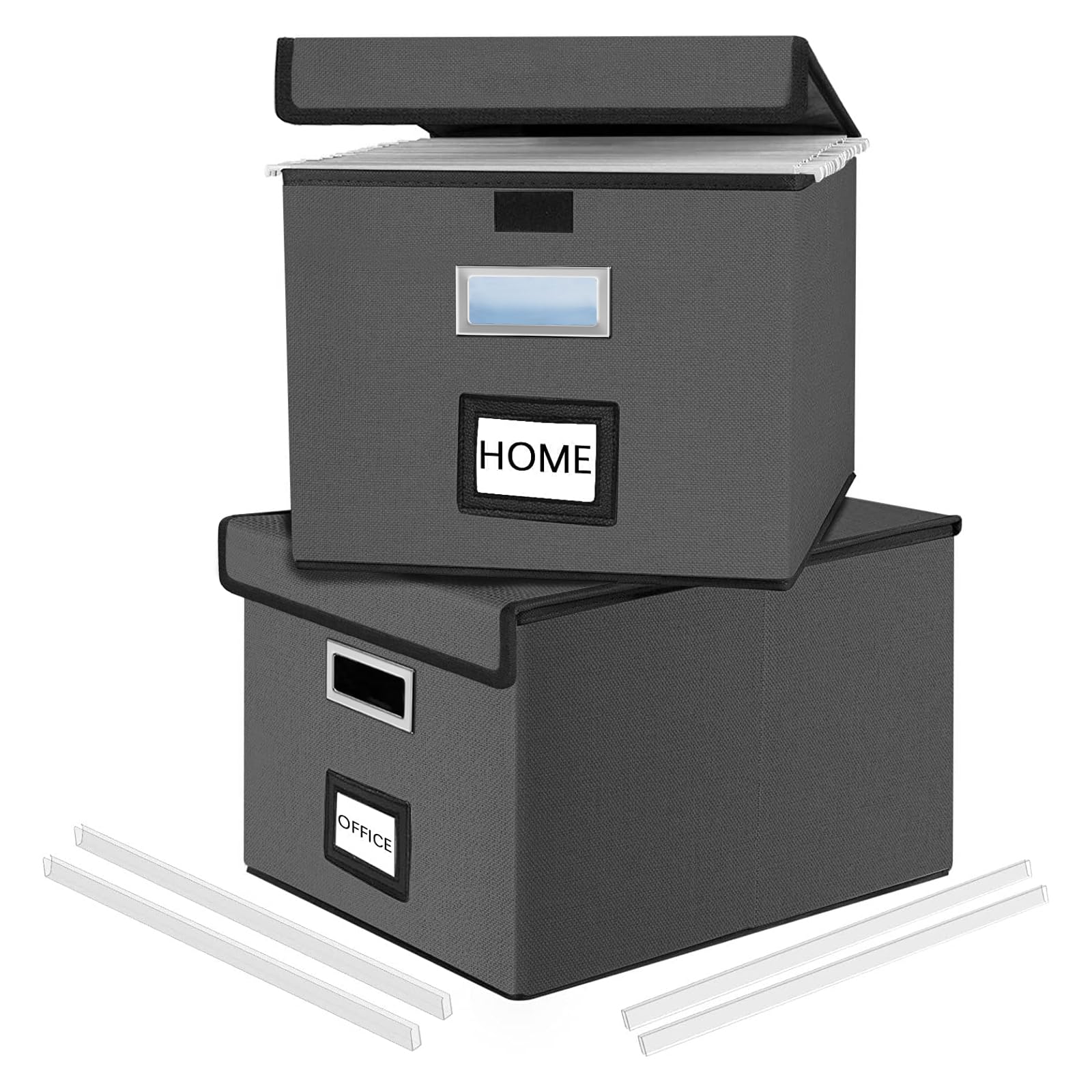 Finew Upgraded Portable File Organiser Box with Lid, Foldable Linen Hanging Filing Storage Boxes with Plastic Slide, Decorative Home/Office Filing System for File and Folders Storage 2 Pack(Dark Grey)