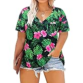 TIYOMI Plus Size Tops for Women Short Sleeve Shirts V Neck Summer Basic Casual Soft Tunic Tie-dye/Floral/Aniaml Color XL-5XL