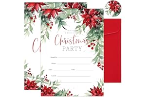 JarThenaAMCS 25 Pack Christmas Party Invitations Christmas Poinsettia Flower Invitation Paper Cards Xmas Winter Holiday Party Invites with Envelopes Stickers for Christmas Party