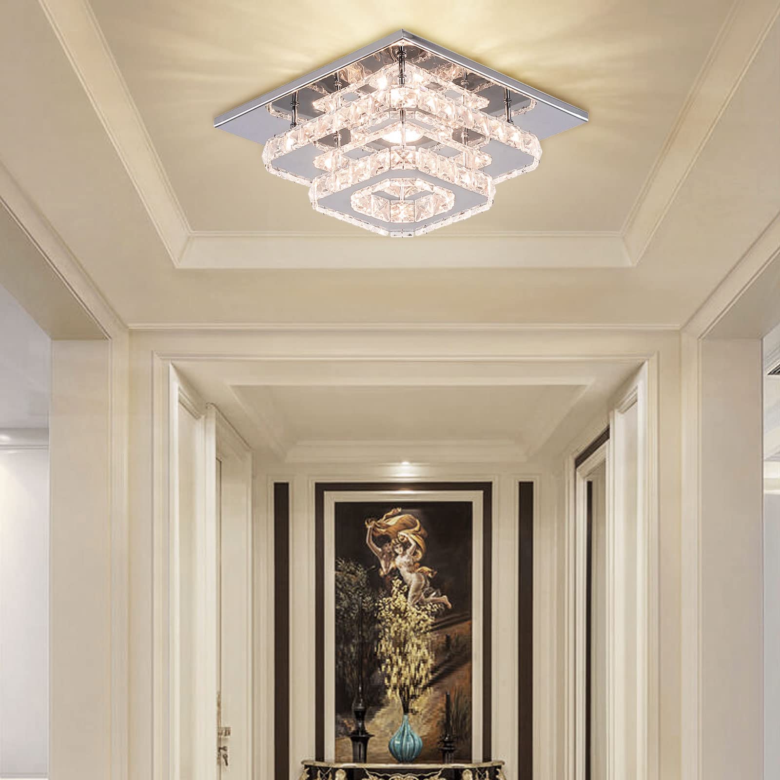 Photo 1 of Cainjiazh Mini Chandelier LED Crystal Ceiling Light 2 Layers Flush Mount Ceiling Light Modern Chandelier Lighting for Hallway Staircase Kitchen Bathroom (Multicolor,Control by Switch)
