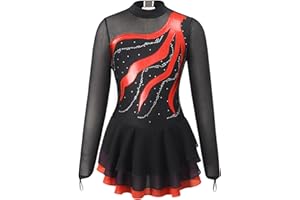 TSSOE Kids Girls Long Sleeve Sequins Printing Ice Roller Figure Skating Dress Illusion Ballet Dancewear