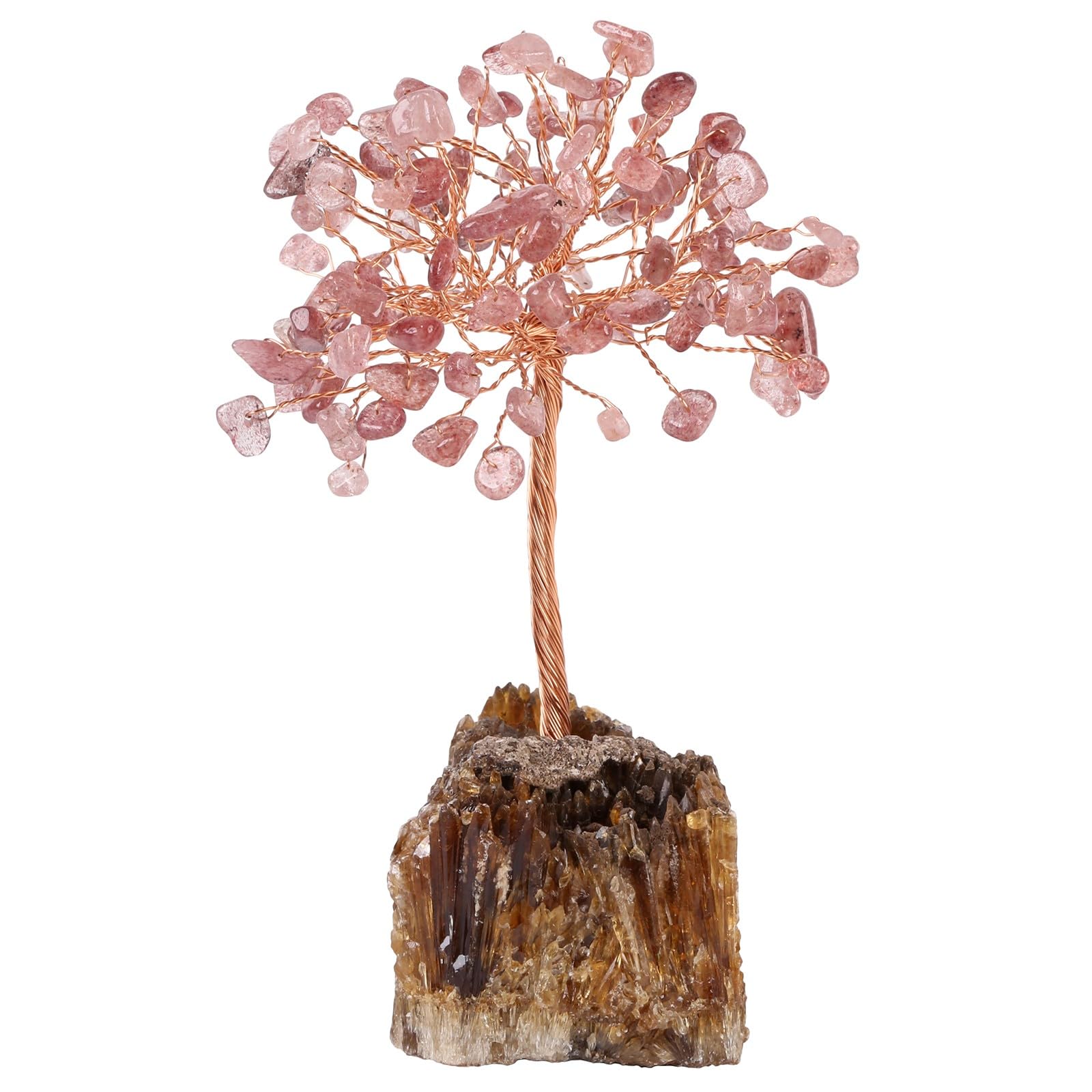 mookaitedecor Natural Strawberry Quartz Healing Crystal Tree on Amber Calcite Cluster Base Feng Shui Money Tree Ornament for Home, Semi Precious Gemstone Bonsai Tree Raw Crystal Gift Reiki Room Decor