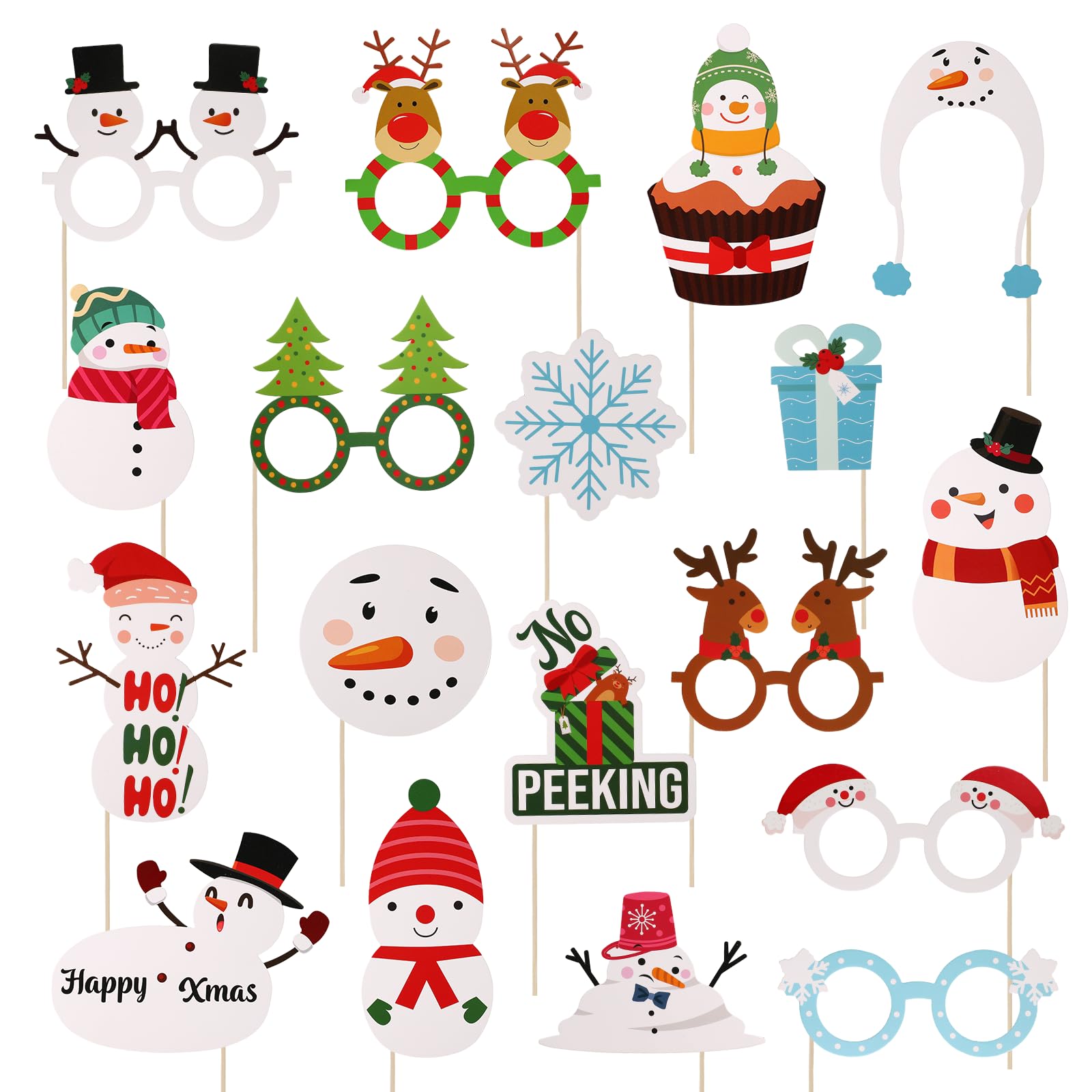36pcs Christmas Photo Props - Snowman Design Photobooth Holiday Photoshoot Pose Sign Selfie Decorations Picture Cutouts for Xmas Photography Party Favor Supplies