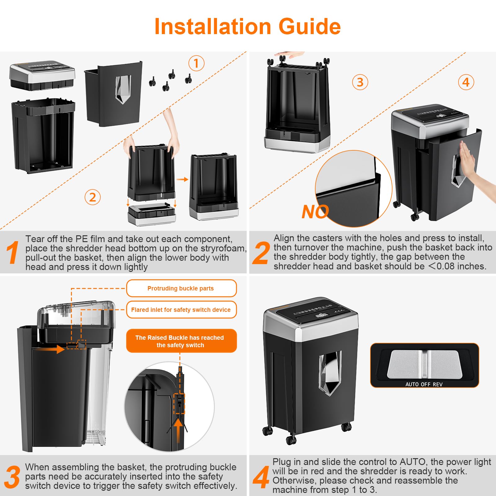 Bonsaii 15-Sheet Office Paper Shredder, 40 Mins Heavy Duty Shredder for Home Office, Crosscut Shreder with Anti-Jam System & P-4 High Security Supports CD/Credit Cards/Staple,5 Gal Pullout Bin C169-B