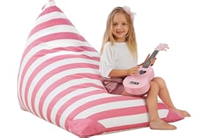 Aubliss Stuffed Animal Storage Bean Bag Chairs Cover, 50"x 35" Extra Large Bean Bags Chair for Kids & Adults, Beanbag Toy Storage for Boys Girls - Premium Cotton Canvas Pink Stripe