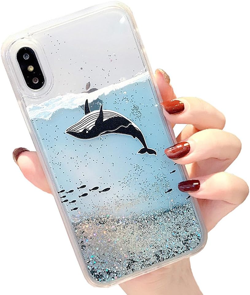 UnnFiko Quicksand Sea Animals Series Case for iPhone 7 / iPhone 8, Transparent Hard Liquid Flowing Floating Glitter Protective Clear Case Cover (Whale, iPhone 7/8)