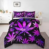 Marijuana Weed Purple Black Comforter Set Queen Size Hippie Marijuana Leaf Bedding Sets For Adults Women Men,Cannabis Leaves Galaxy Comforter Trippy Botanical Weed Bed Quilt Set 2 Pillow Cases