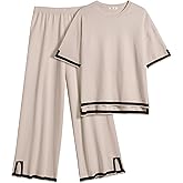 Ekouaer Lounge Set for Women Travel Outfits 2 Piece Sets Short Sleeve Sweater Top Wide Leg Long Pants Loungewear