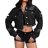 DvaeMalligo Women's Cropped Denim Jacket Ripped Button Down Long Sleeve Raw Hem Distressed Short Jean Jackets