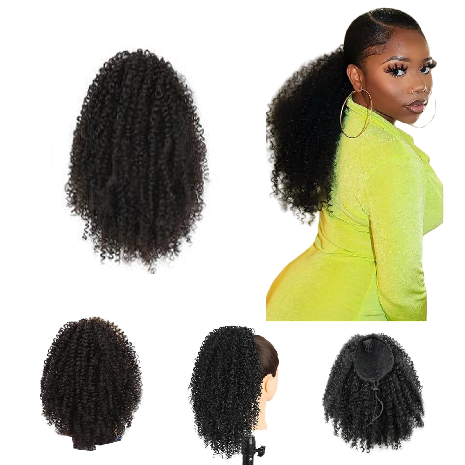 Afro Kinky Curly Drawstring Ponytail Synthetic Fake Ponytail Scrunchie Hair Bun Clip In Hairpiece Extensions Multi Layered Hair Fluffy Thick Curly Pony tail (#2, 12INCN/30CM)