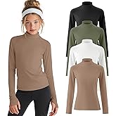 LessonZoo 4 Pack Girls Long Sleeve Athletic Shirts Kids Mock Turtleneck Raglan Tops Thumb Hole Activewear Sports Yoga Tees