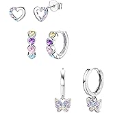 YADOCA 925 Sterling Silver Earrings Hypoallergenic Hoop Earrings for Girls Women Cute Toddler Earrings Kids Earrings Jewelry for Teen Girl Heart Star CZ Butterfly Stud Earrings Set for Sensitive Ears