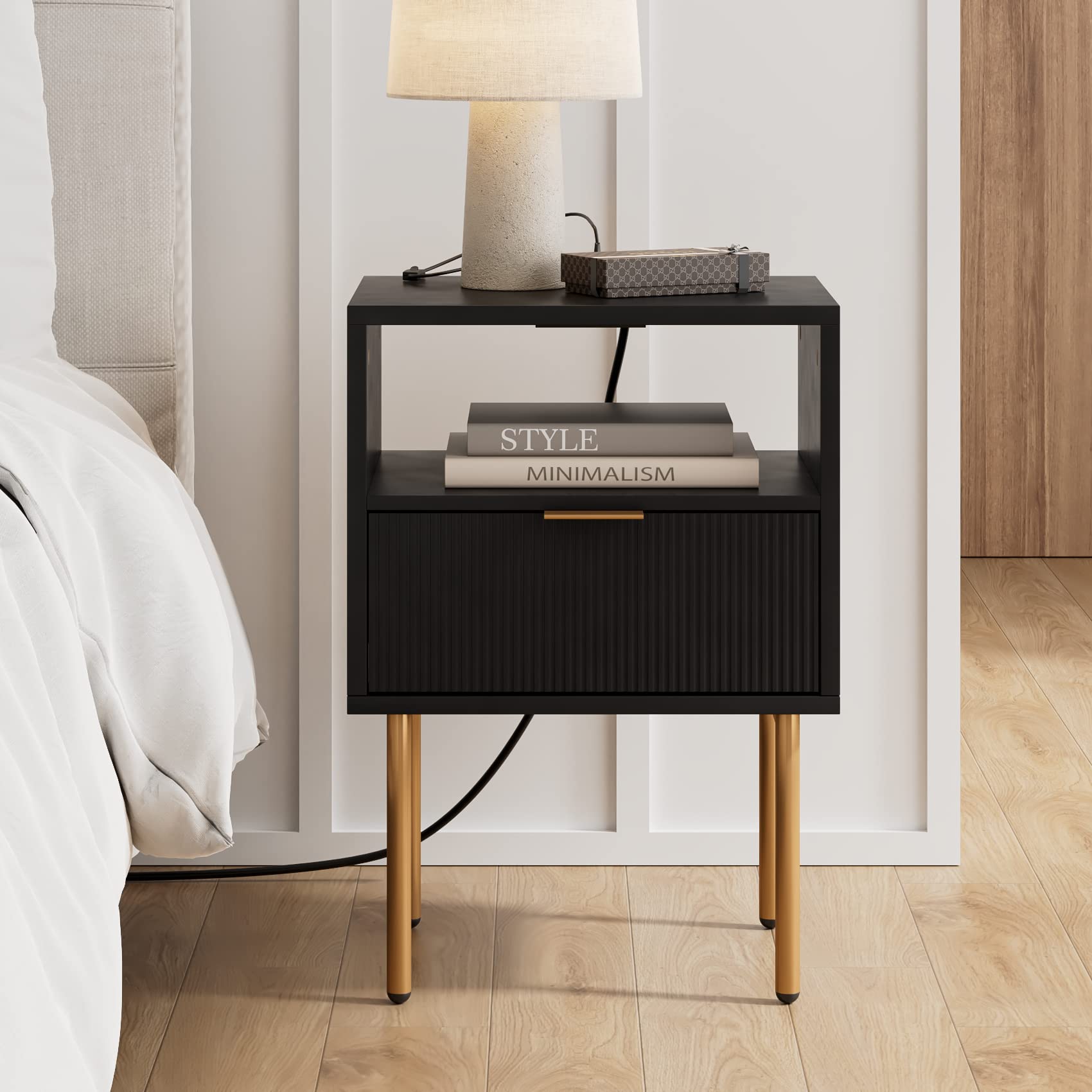Photo 1 of Masupu Nightstand with Charging Station,Mid-Century Modern Bedside Table with Storage Drawer and Open Wood Shelf,Small Gold Frame Side Table for Bedroom,Living Room (Black)