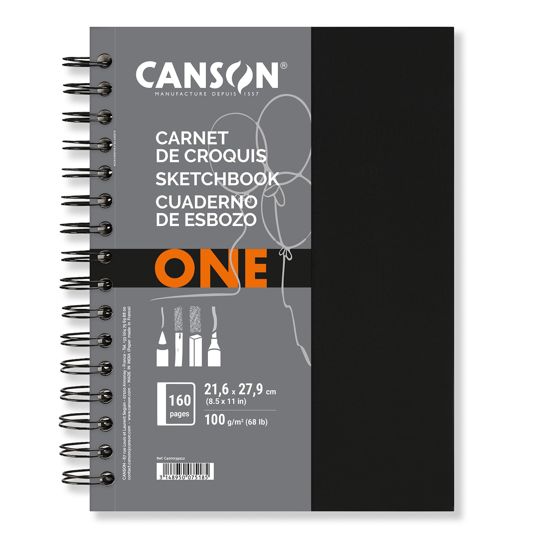 Canson ArtBook ONE - 21.6x27.9cm spiral-bound sketchbook including 80 sheets of 100gsm drawing paper