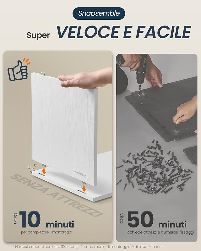 Comodino Sottile, Snapsemble Montaggio Rapido, Tavolino con 2 Scomparti Aperti e 1 Cassetto, per Camera da Letto, 30 x 25 x 59,4 cm, Bianco Neve LET911WE01