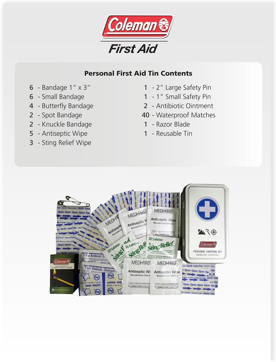 Coleman Personal Survival First Aid Kit 74 Piece, Metal Mini Camping Kit: Sports & Outdoors