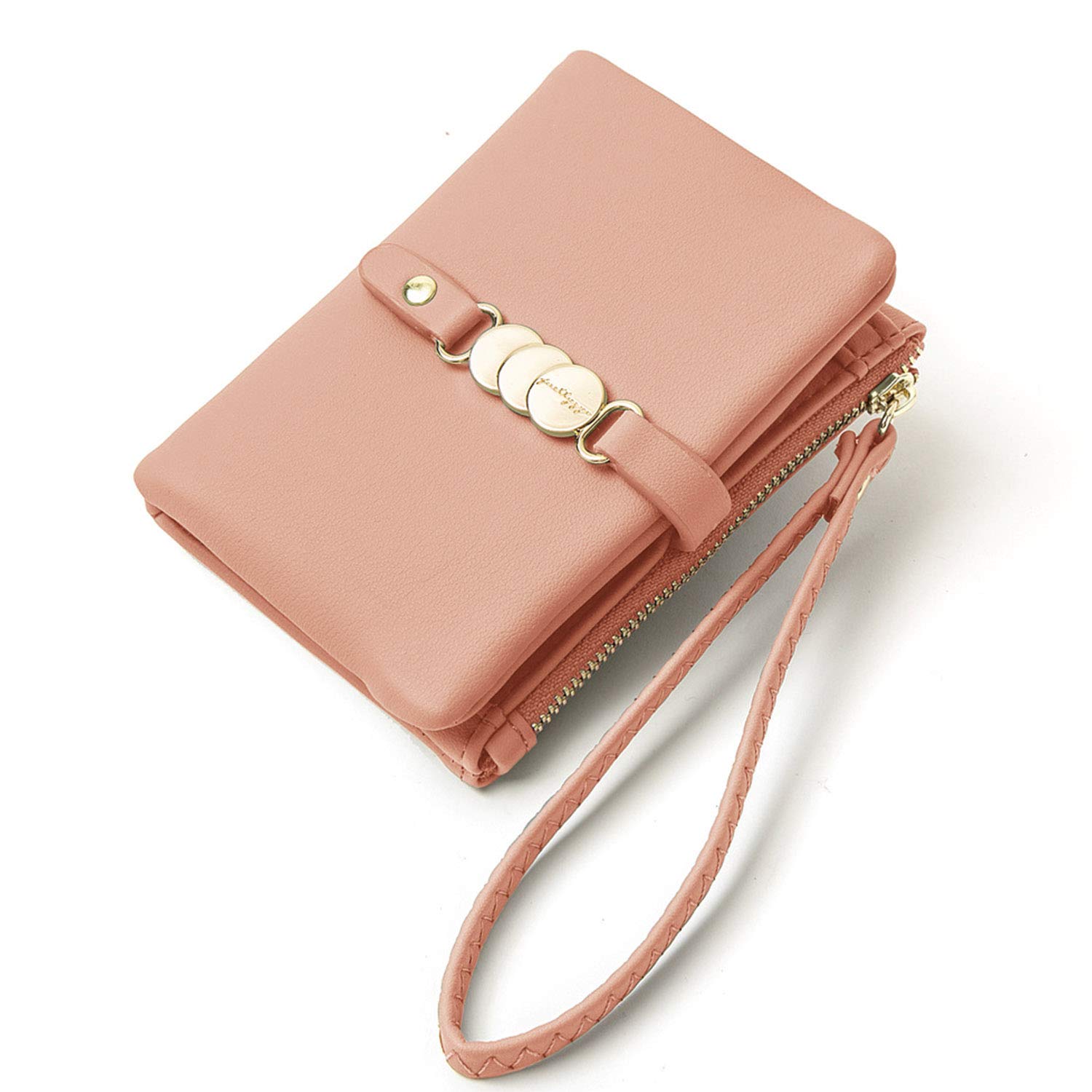 AOXONEL Womens Wallets Small RFID Bifold Wristlet,Ladies Wallets for Card Coin,Change Purse with Wrist Strap (Pink)